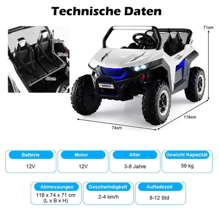 2místné dětské auto 12V s hudbou a světlomety 118 x 74 x 71 cm – bílé