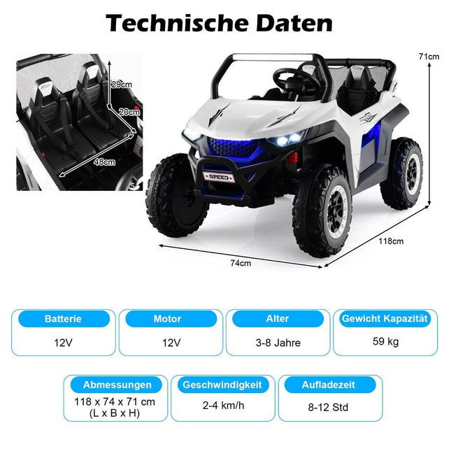 2místné dětské auto 12V s hudbou a světlomety 118 x 74 x 71 cm – bílé