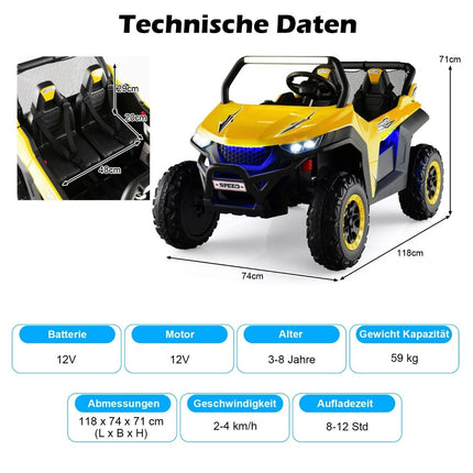 Dvoumístné dětské elektrické auto 12V s hudbou a světlomety 118 x 74 x 71 cm, žlutá