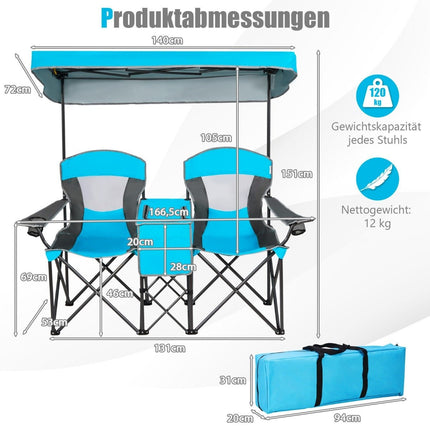 2místné kempingové křeslo s ochranou proti slunci a mini stolkem, skládací rybářské křeslo s taškou, 166 x 71 x 151 cm, modré