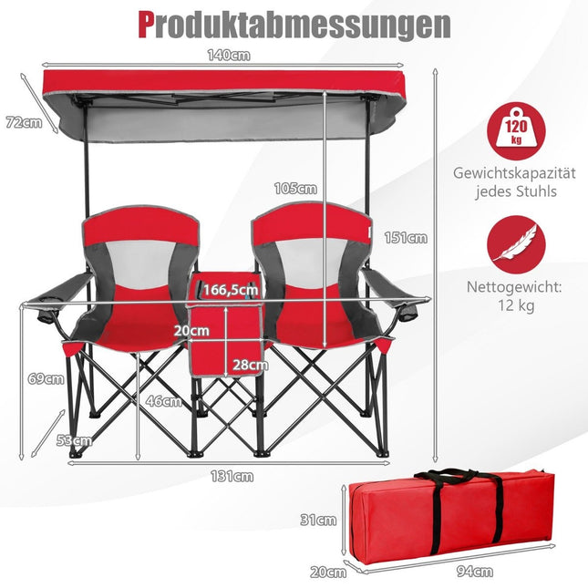 2místné kempingové křeslo s ochranou proti slunci a mini stolkem, skládací rybářské křeslo s taškou, 166 x 71 x 151 cm, červené