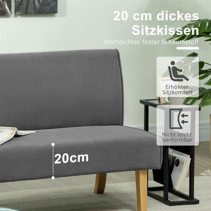 Šedá 2místná manšestrová pohovka, dřevěné nohy, polstrované čalounění