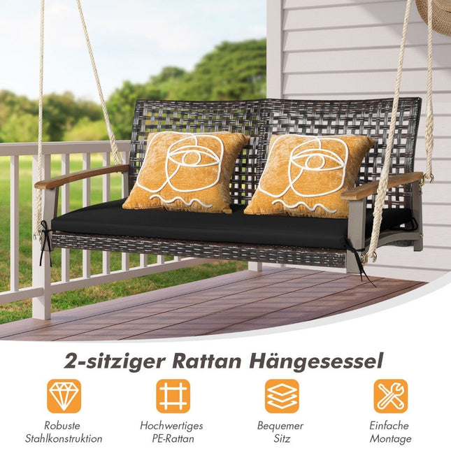2-seater swing bench with cushions PE rattan hanging bench up to 360 kg garden swing black
