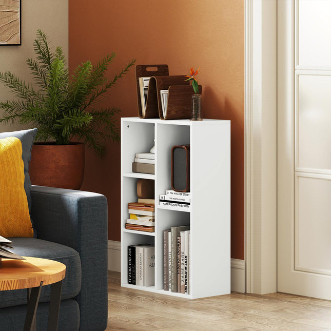 Boekenkast met 2 niveaus, 5 compartimenten, spaanplaat, opbergplank, wit