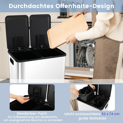 Odpadkový koš 2 x 30L se 2 přihrádkami, tichým dovíráním víka a 2 deodoračními přihrádkami, stříbrná