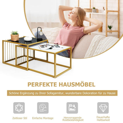 Sada odkládacích stolků 2 x, konferenční stolek, moderní mramorový odkládací stolek, žlutá + černá + bílá