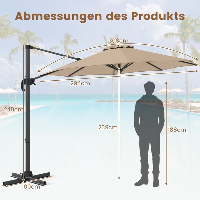 Béžový slunečník na terasu 300 cm, nastavitelný náklon a otáčení o 360°