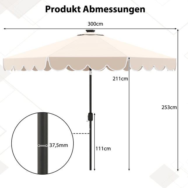 Béžový slunečník na terasu 300 cm se solárními LED světly