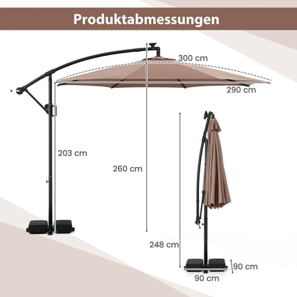 Boční slunečník 300 cm s LED světly, nastavitelný náklon