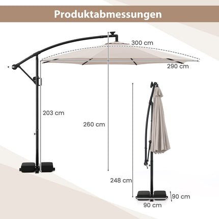 Boční slunečník 300 cm s LED světly, béžový