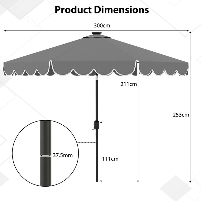 300 cm Grey Patio Umbrella with Solar LED Lights