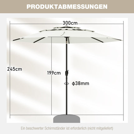 Slunečník na terasu 300 cm, 3vrstvý s odvětráním, náklon, bílý