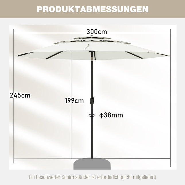 Slunečník na terasu 300 cm, 3vrstvý s odvětráním, náklon, bílý