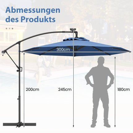 Slunečník na terasu 300 cm s 32 solárními LED světly, modrý