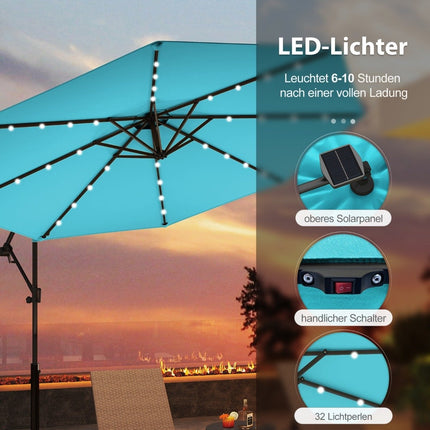 Slunečník na terasu 300 cm se solárními LED světly a klikou