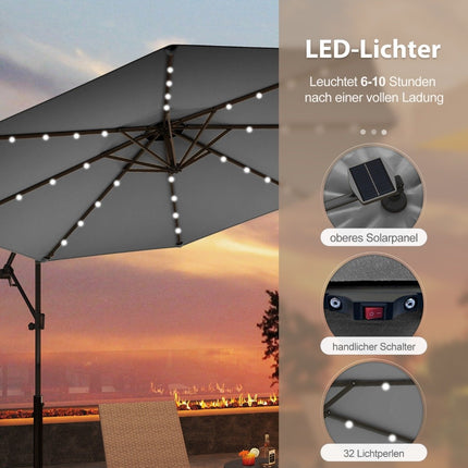 Slunečník na terasu 300 cm se solárními LED světly a klikou