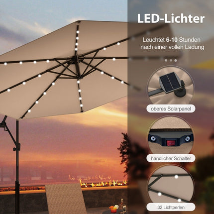 Slunečník na terasu 300 cm se solárními LED světly a klikou