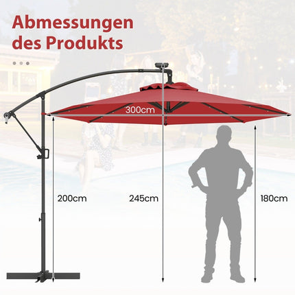 Slunečník na terasu 300 cm se solárními LED světly a klikou
