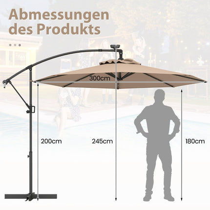 Slunečník na terasu 300 cm se solárními LED světly a klikou