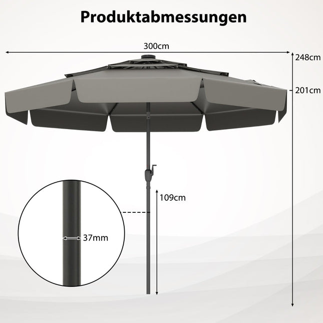 Slunečník na terasu 300 cm se solárními LED světly, šedý
