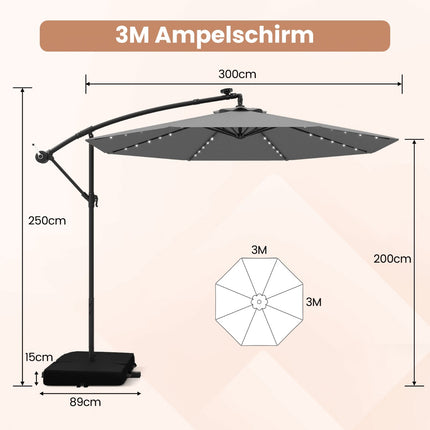Slunečník na terasu 300 cm se solárními LED světly a pytli s pískem