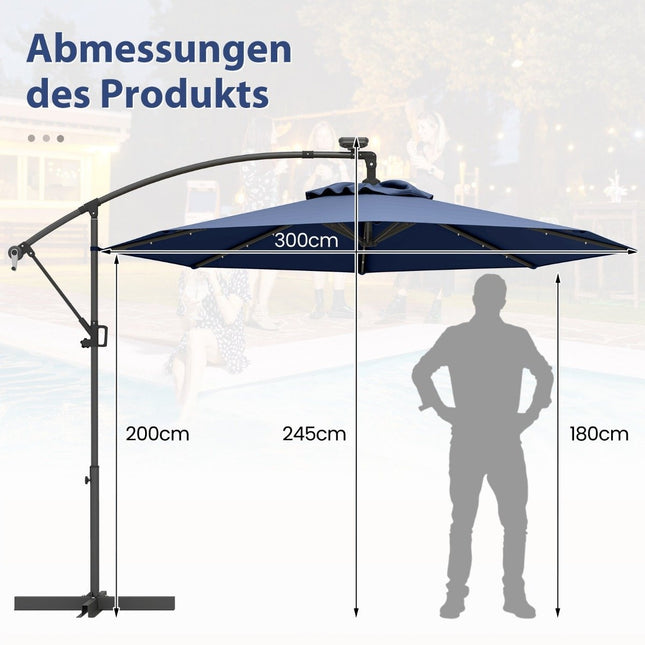 Solární LED slunečník na terasu 300 cm s klikou, tmavě modrý