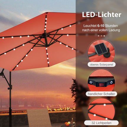 Solární LED slunečník na terasu 300 cm s klikou, oranžový