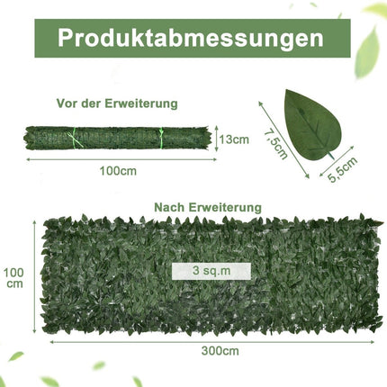 Umělá rostlinná stěna 300 x 100 cm s listy břečťanu, zástěna, umělý živý plot, ochrana proti větru