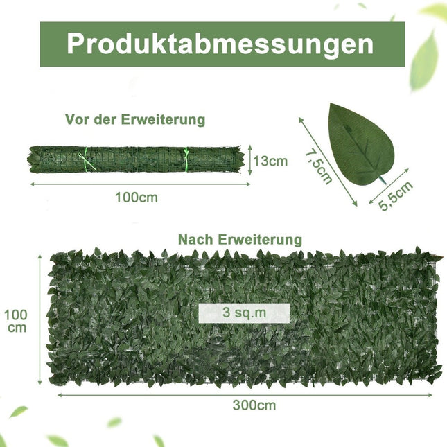 Umělá rostlinná stěna 300 x 100 cm s listy břečťanu, zástěna, umělý živý plot, ochrana proti větru