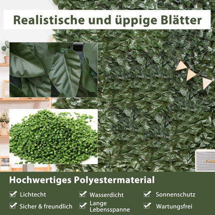 Umělá rostlinná stěna 300 x 100 cm s listy břečťanu, zástěna, umělý živý plot, ochrana proti větru