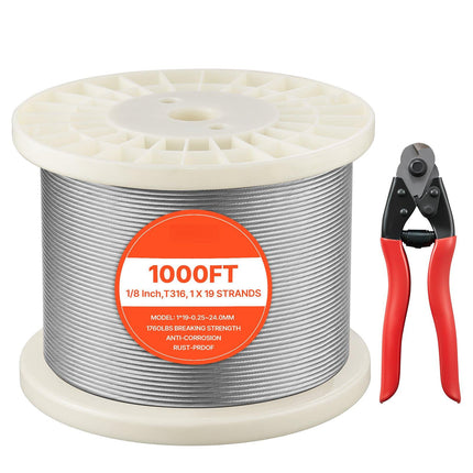 316 Stainless Steel Wire Rope 1/8 in, 1000 ft, Cutter