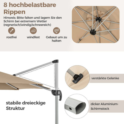 Ø 330 cm slunečník s kličkou, UV ochranou 50+ a otočnou konzolovou konstrukcí o 360°, béžový