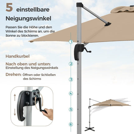 Ø 330 cm slunečník s kličkou, UV ochranou 50+ a otočnou konzolovou konstrukcí o 360°, béžový