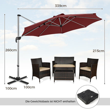 Slunečník o průměru 330 cm s klikou, UPF 50+ a 360° otočnou konzolovou konstrukcí, červený