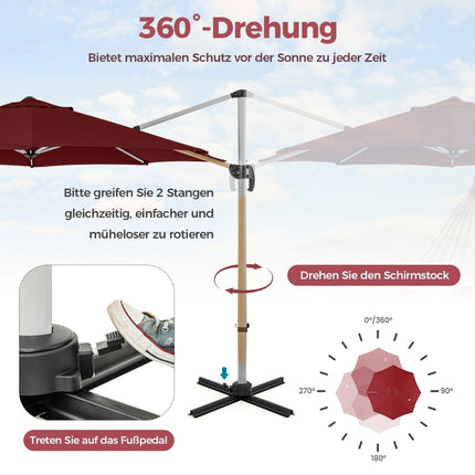 Slunečník o průměru 330 cm s klikou, UPF 50+ a 360° otočnou konzolovou konstrukcí, červený