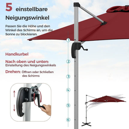 Slunečník o průměru 330 cm s klikou, UPF 50+ a 360° otočnou konzolovou konstrukcí, červený
