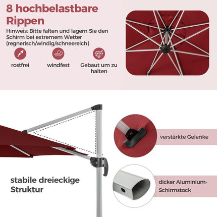 Slunečník o průměru 330 cm s klikou, UPF 50+ a 360° otočnou konzolovou konstrukcí, červený