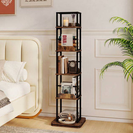 360 Rotating Bookshelf with 5 Shelves, Brown Metal Frame