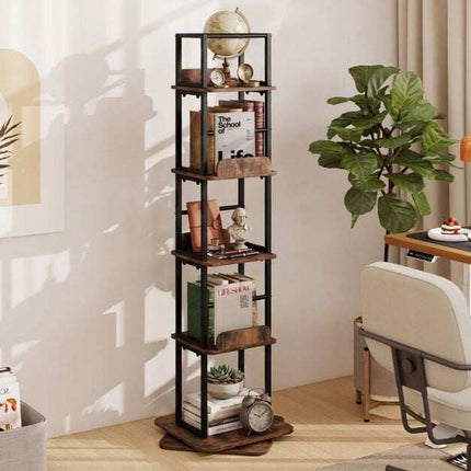 360 Rotating Bookshelf with 5 Shelves, Brown Metal Frame