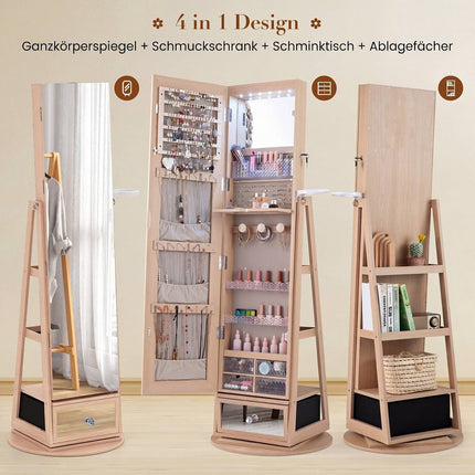 360 Swivel Jewelry Cabinet with Full-Length Mirror & LED