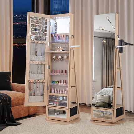 360 Swivel Jewelry Cabinet with Full-Length Mirror & LED