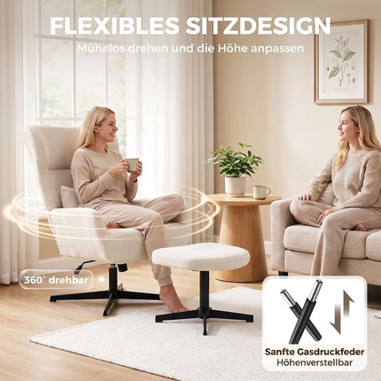360 Swivel Lounge Chair with Ottoman, Adjustable Height, Cream