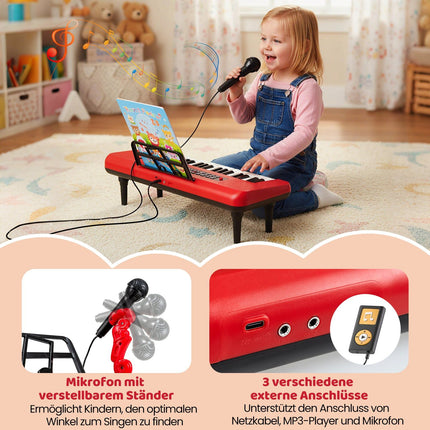 Dětské digitální piano s 37 klávesami, mikrofonem a stojanem, červené