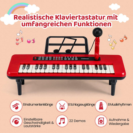 Dětské digitální piano s 37 klávesami, mikrofonem a stojanem, červené