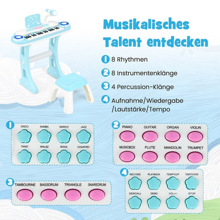 Klávesy s 37 klávesami a světly, elektrické dětské klávesy s nahráváním a přehráváním, hračkové piano, modré