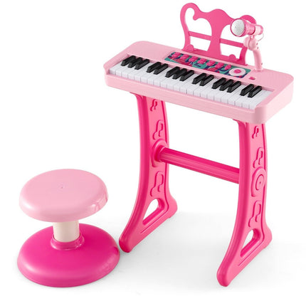 Dětské klávesy s 37 klávesami, elektronické dětské piano se stoličkou, mikrofonem a notovým stojanem, růžové