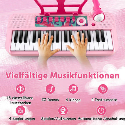 Dětské klávesy s 37 klávesami, elektronické dětské piano se stoličkou, mikrofonem a notovým stojanem, růžové