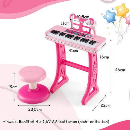 Dětské klávesy s 37 klávesami, elektronické dětské piano se stoličkou, mikrofonem a notovým stojanem, růžové