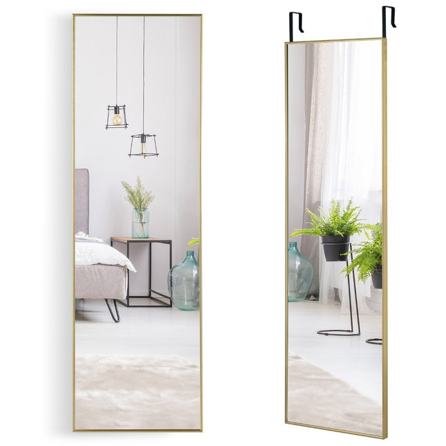 Celopostavové zrcadlo 37 x 120 cm s výškově nastavitelnými závěsnými háčky, nástěnné zrcadlo, zlaté