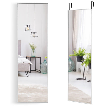 Celopostavové zrcadlo 37 x 120 cm s výškově nastavitelnými závěsnými háčky, nástěnné zrcadlo, stříbrné